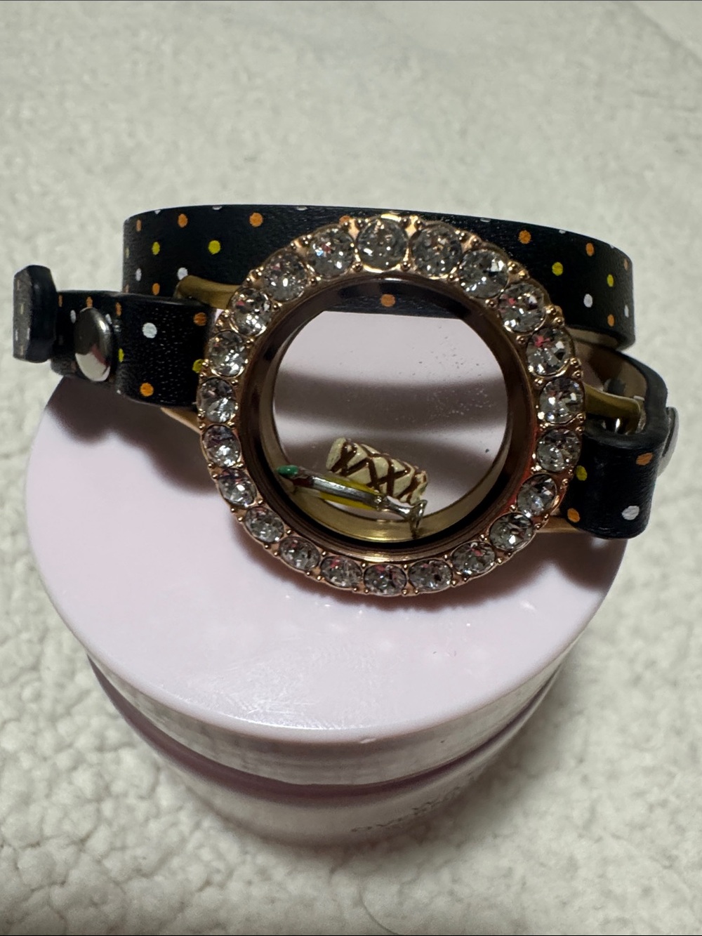 Origami Owl Black Polka Dot Floating Locket Wrap Bracelet with Crystal Frame